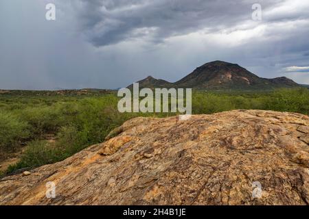 Rain Clouds over the Erongo Mountains west of Omaruru, Omaruru district, Erongo Region, Namibia