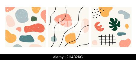 Set of three abstract patterns. Hand drawn various shapes and doodle objects. Abstract contemporary modern trendy vector illustration. Stamp texture. Stock Vector