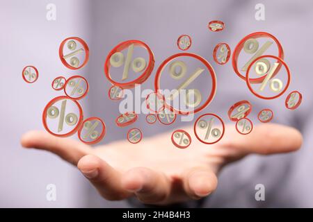 Person presenting the virtual projection of percent signs - sale or discount concept Stock Photo