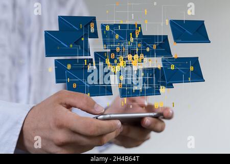 Virtual postal envelopes sketch on blurry office buildings background, e-mail and marketing Stock Photo