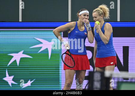Prague, Czech Republic. 02nd Nov, 2021. From left Czech tennis players Lucie Hradecka and Katerina Siniakova in action during the Group D match against Anna-Lena Friedsam and Jule Niemeier of Germany (not pictured), in Prague, Czech Republic, on November 1, 2021, within women's tennis Billie Jean King Cup (former Fed Cup). Credit: Michal Kamaryt/CTK Photo/Alamy Live News Stock Photo