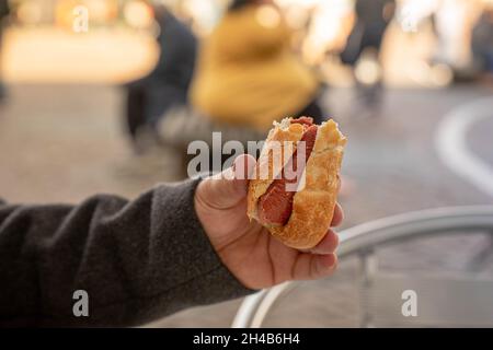 German street Fastfood sandwich with Beef Sausage Stock Photo