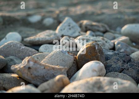 Close up of various coarse-grained stones on the beach Stock Photo