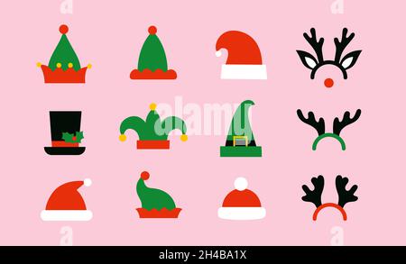 Christmas hats isolated illustrations. Red Santa Claus hat. Elves or gnomes hats. Cartoon reindeer antlers. Top hat with holly leaves and berries Stock Vector