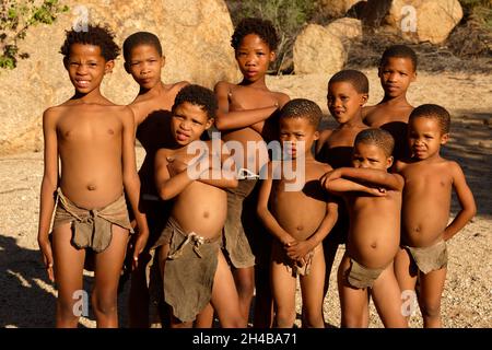 San Living Museum on Farm Omandumba (guest farm): San children (bushman), in traditional outfit, Omaruru District, Erongo Region, Namibia Stock Photo