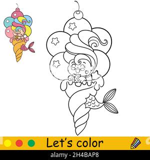 Kawaii little mermaid is sitting in a big ice cream cone and eating a waffle. Coloring page and colorful template for kids education. Vector illustrat Stock Vector