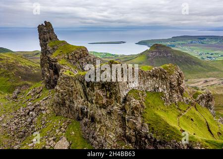 Aerial view of spectacular jagged rock formations at a remote, highlands location (Quiraing, Isle of Skye, Scotland) Stock Photo