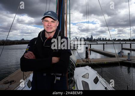 Skipper Guillaume poses on Lord Jiminy during the 2021 Return to Sailing Celebration Race organised by the Ocean Racing Club Of Victoria in Melbourne. Melbourne celebrates after ending the worlds longest and most draconian Covid lockdown. Stock Photo