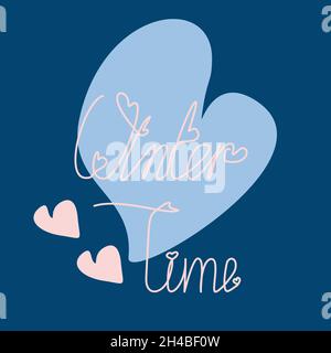 Winter time text design with heart shapes for winter production. Template for design banner, postcard, poster, brochure, postcards in line art style with trending colors and colorful spots on Navy blue background isolate. Vector illustration. Stock Vector