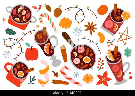Christmas mulled wine drink, glintwine in glasses, mugs, pot, red wine with spice, apple, orange fruit, hand drawn vector illustrations, fruit punch Stock Vector