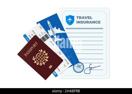 Travel insurance policy with passport, flight ticket and boarding pass for airplane. Safe plane trip and signed contract protection tourist life and property. Safety journey aircraft document. Vector Stock Vector
