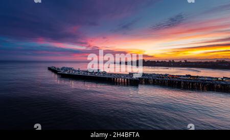 Santa Cruz Wharf Pier Aerial View with Colorful Sunset, California Stock Photo