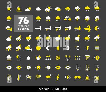 Vector weather forecast icon set on dark background. Meteorology sign. Graph symbol for travel, tourism and weather web site and apps design, app, UI Stock Vector