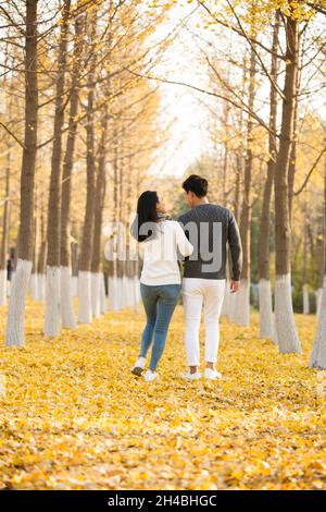 Happy young lovers walking in the woods Stock Photo