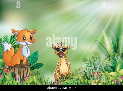 Cartoon of the nature scene with a fox sitting on tree stump and hyena Stock Vector