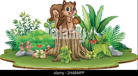Cartoon happy squirrel holding pine cone and standing on tree stump with green plants Stock Vector