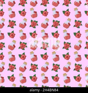 Rose oil in glass bottles for spa treatments, saunas and aromatherapy. Seamless pattern. Stock Vector