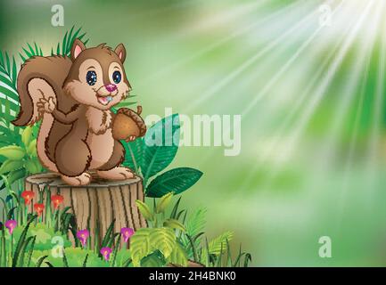 Cartoon funny squirrel holding pine cone and standing on tree stump with green plants Stock Vector