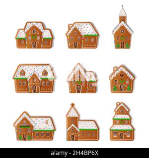 Set of isolated gingerbread houses and churches. christmas gingerbread cookies Stock Vector