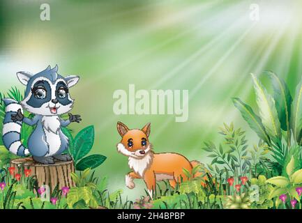 Cartoon of the nature scene with a raccoon standing on tree stump and fox Stock Vector