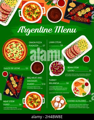 Argentine cuisine menu. Turkey Milanesa, bbq meat and sausages Asado and cookie Alfajores, onion pizza Fugazza, Lama steak and bean stew Locro, meat s Stock Vector