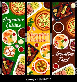 Argentine cuisine restaurant horizontal banners. Meat stew Guiso, bbq meat and sausages Asado, Lama steak, turkey Milanesa and onion pizza Fugazza, co Stock Vector