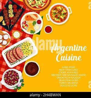 Argentine cuisine menu cover. Bbq meat and sausages Asado, meat stew Guiso and onion pizza Fugazza, Lama steak, cookie Alfajores and turkey Milanesa, Stock Vector