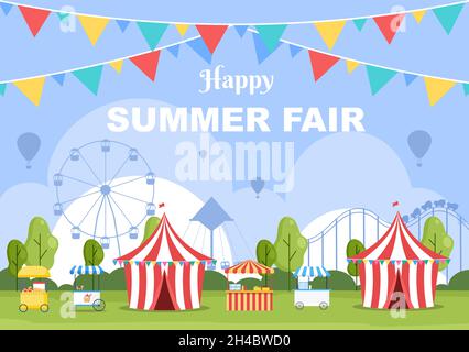 Summer Fair with Carnival, Circus, Funfair or Amusement Park. Landscape of Carousels, Roller Coaster, Air Balloon and Playground Vector Illustration Stock Vector