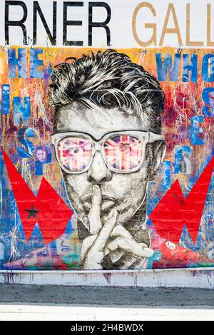 David Bowie mural art by artist Brayden Bugazzi on an exterior wall at the Artists Corner Galley in West Hollywood, California Stock Photo