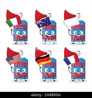 Blue air horn cartoon character bring the flags of various countries. Vector illustration Stock Vector