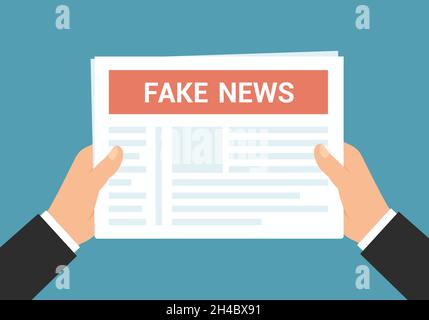 Flat design illustration of manager's hands holding newspaper and reading fake news - vector Stock Vector