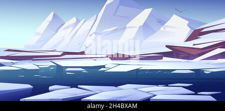 Arctic landscape with white mountains and glaciers floating in sea. Vector cartoon illustration of northern nature scene with snow on rocks and melting ice on water surface Stock Vector