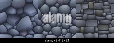 Stone textures of floor and wall for game background. Vector cartoon seamless patterns of pavement or square with cobblestones, rock bricks and blocks, rubble and pebble Stock Vector