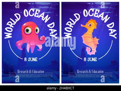 World ocean day cartoon posters with cute underwater animals octopus and sea horse at blue sea water. Invitation cards template for ecological holiday or event celebration, Cartoon vector illustration Stock Vector