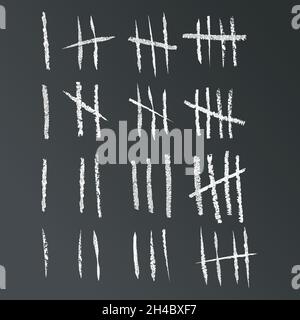Tally marks. Counting chalk signs on the walls of the prison. Notches for marking the days. Stock Vector