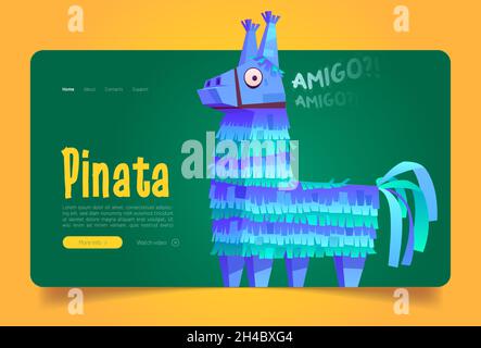 Pinata banner with cute toy from crepe paper for birthday party, mexican holiday and carnival. Vector landing page of traditional festival decoration with cartoon funny pinata in shape of blue donkey Stock Vector