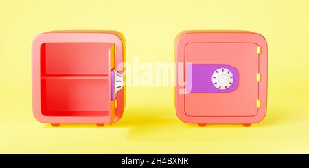 Security metal safe bank box icon, money locker safe front view with open and close door on yellow background, web design element templates, wallet se Stock Photo