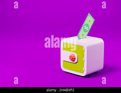 Dollar bill banknote money being put into isometric safe box on purple background, Finance safety protection and savings concept, Business digital sec Stock Photo