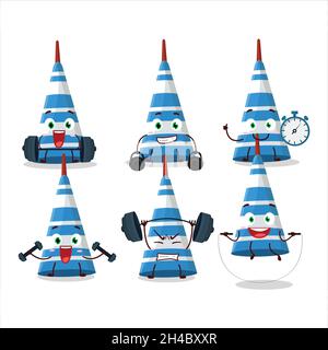 A healthy blue long trumpet cartoon style trying some tools on Fitness center. Vector illustration Stock Vector