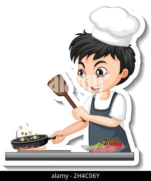 Sticker design with chef boy cooking food cartoon character illustration Stock Vector