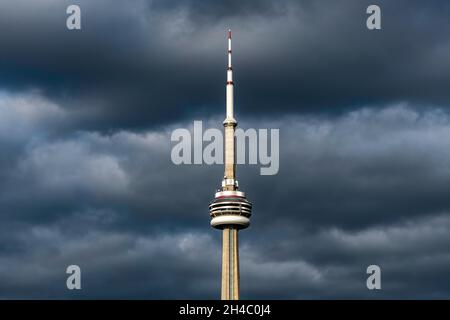 Spire, upper deck and a revolving restaurant at the top of Toronto CN Tower Stock Photo