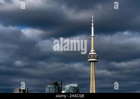 Spire, upper deck and a revolving restaurant at the top of Toronto CN Tower Stock Photo