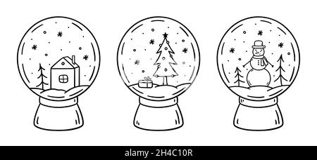 Set of glass snow globes isolated on white background. Christmas toys decorated with various winter designs inside. Vector hand-drawn illustration in doodle style. Perfect for holiday designs, cards. Stock Vector