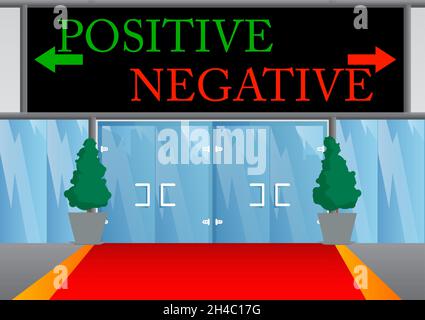 Negative, positive text with front door background. Bar, Cafe or drink establishment front with poster. Good bad thoughts, attitude business concept. Stock Vector