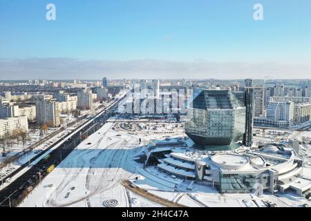 Top view of the National Library in Minsk in winter. Belarus, public building. Stock Photo