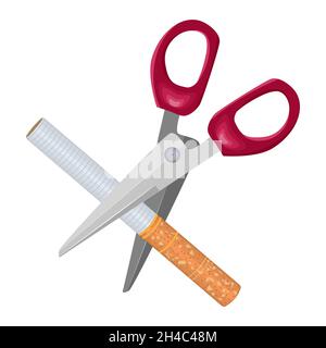 Scissors cut a cigarette isolated on white background. No smoking concept. World no tobacco day.Quit smoking. Tobacco abuse refuse.Vector illustration Stock Vector