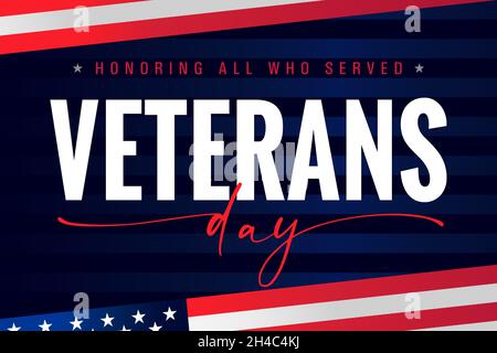 Veterans day USA lettering poster, Honoring all who served. Thank You Veteran banner with american flag background. Vector illustration Stock Vector