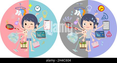 A set of unpaid avatar women who perform multitasking in offices and private.It's vector art so easy to edit. Stock Vector