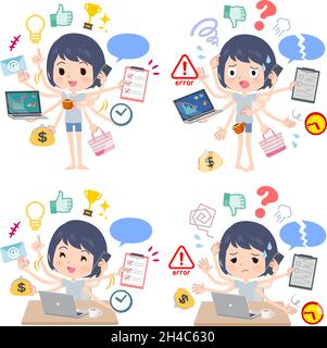 A set of unpaid avatar women who perform multitasking in the office.It's vector art so easy to edit. Stock Vector