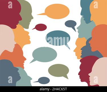 Dialogue, discussion, communication group of color people. Vector profile heads talking together. Stock Vector